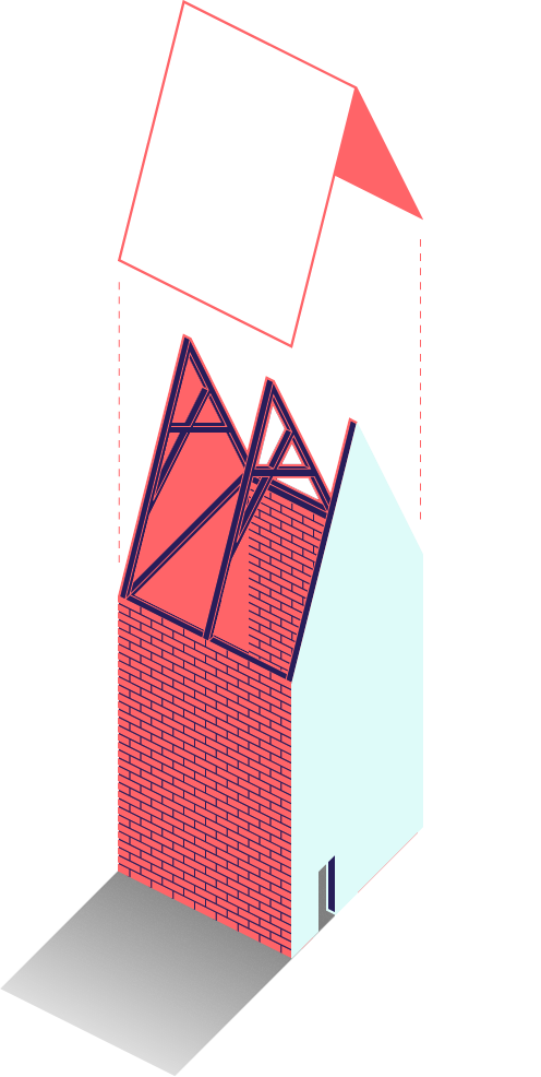 Illustration depicting a structure being completed as the roof is lowered into place
