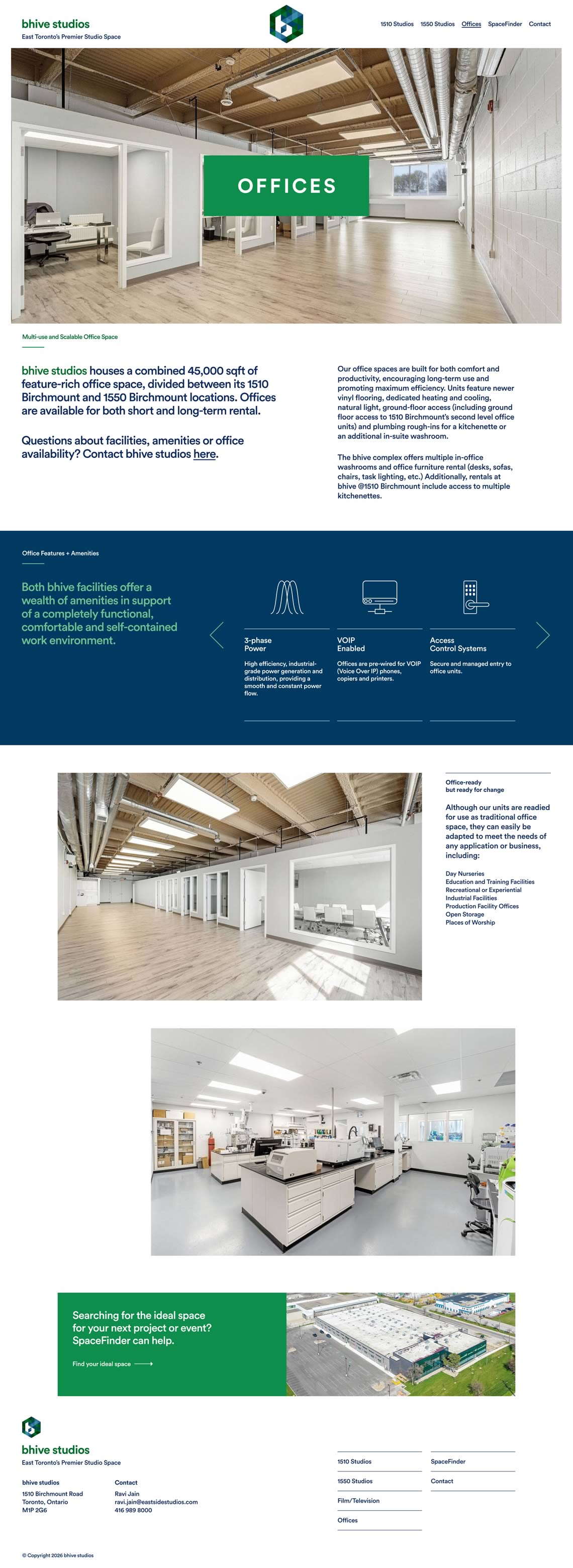 Capture of the full Bhive Studios  'Offices' page
