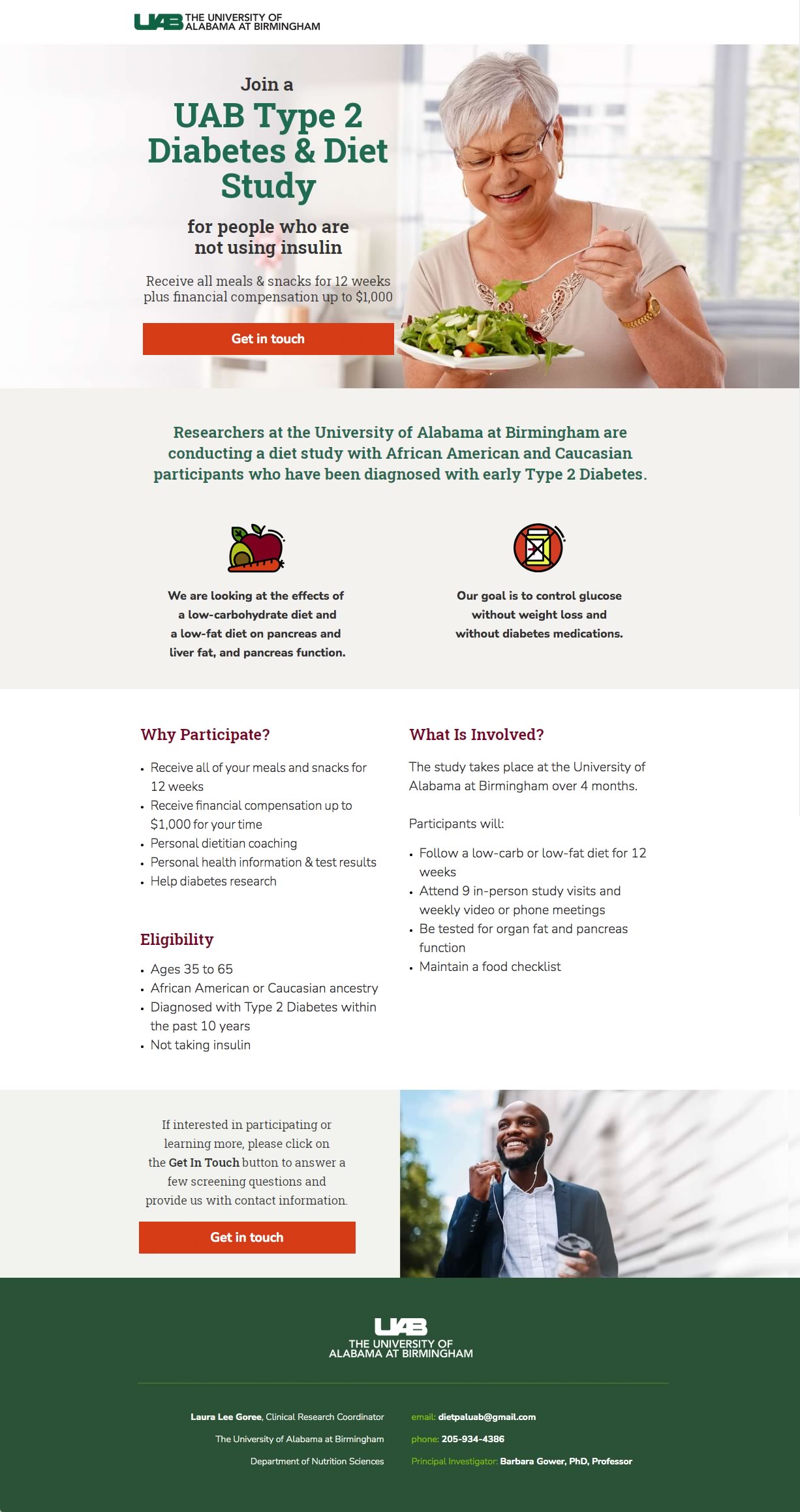 Capture of the full 'UAB Type 2 Diabetes & Diet Study' landing page