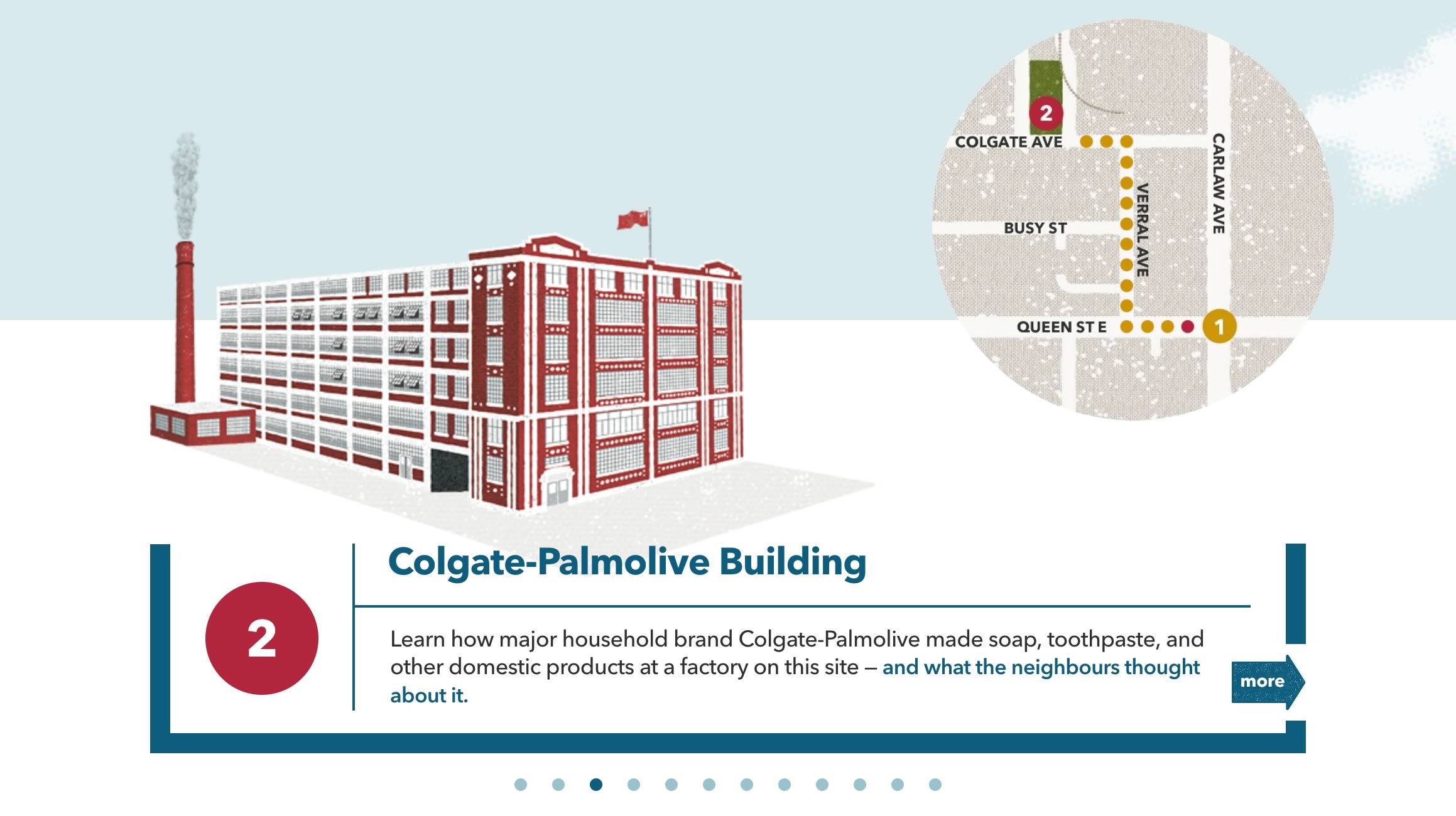 Capture of the homepage tour navigation modal window from the Made in Toronto tour/website ('Colgate-Palmolive Building' stop displayed)