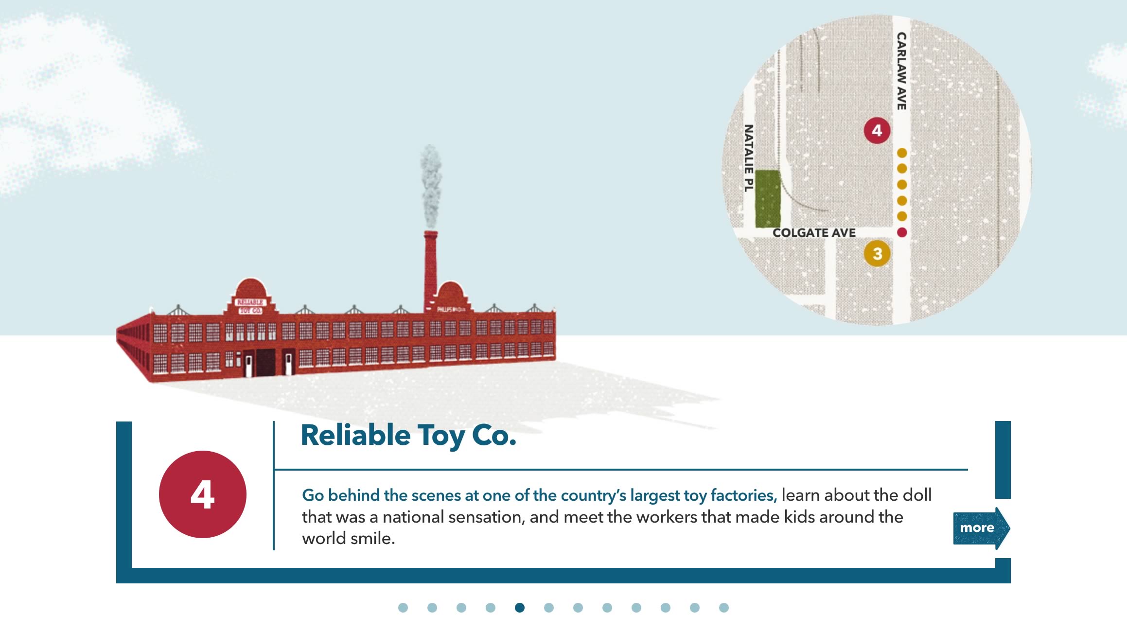 Capture of the homepage tour navigation modal window from the Made in Toronto tour/website ('Reliable Toy Co.' stop displayed)