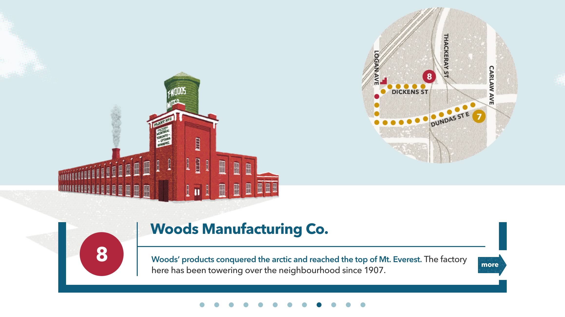 Capture of the homepage tour navigation modal window from the Made in Toronto tour/website ('Woods Manufacturing Co.' stop displayed)