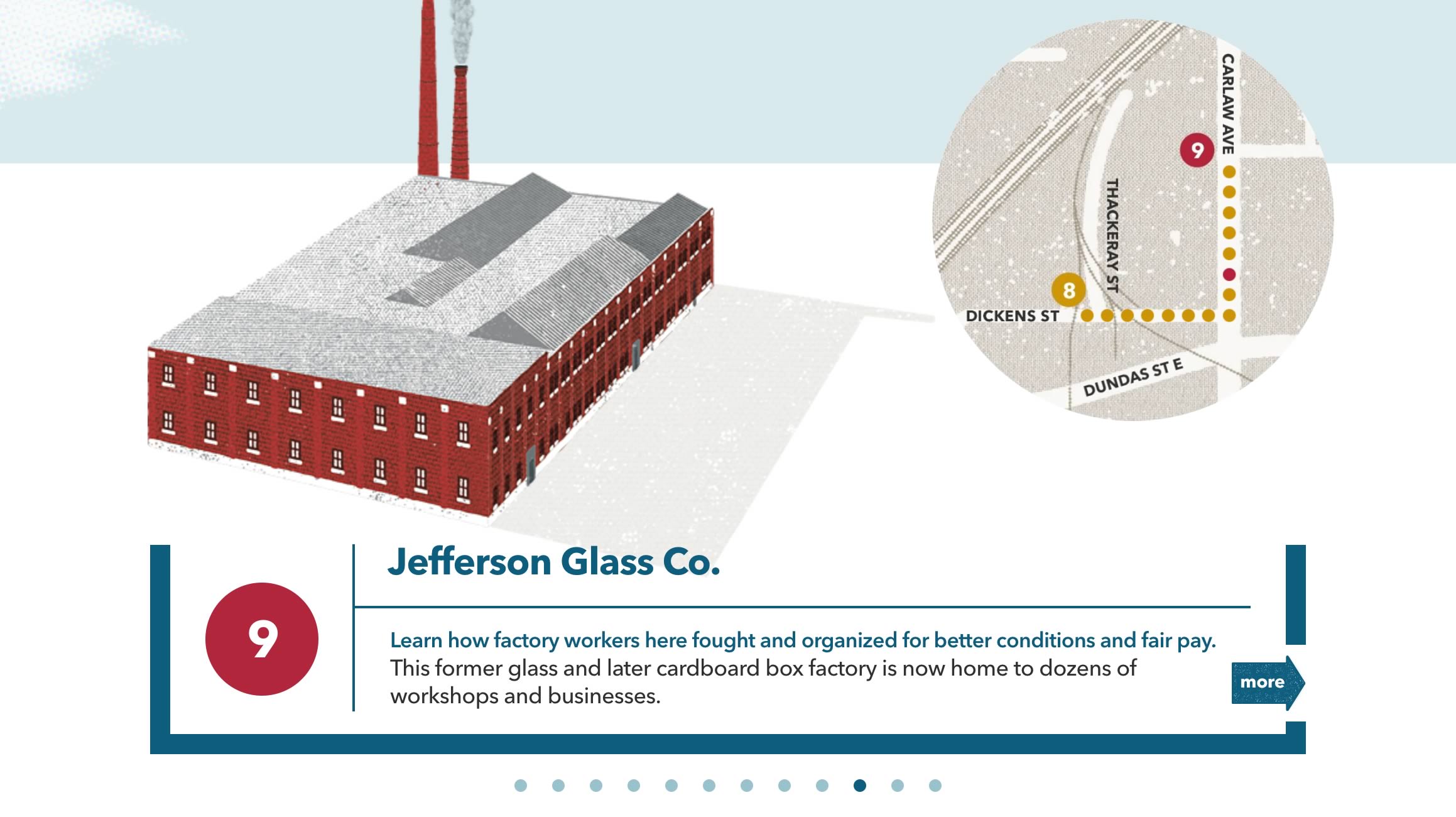 Capture of the homepage tour navigation modal window from the Made in Toronto tour/website ('Jefferson Glass Co.' stop displayed)