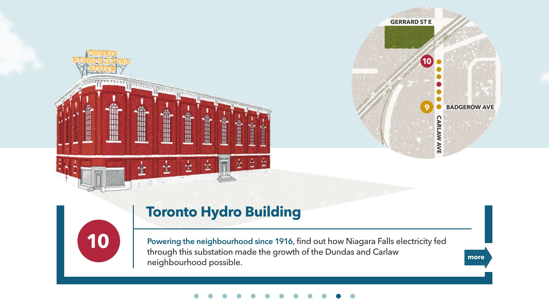 Capture of the homepage tour navigation modal window from the Made in Toronto tour/website ('Toronto Hydro Building' stop displayed)
