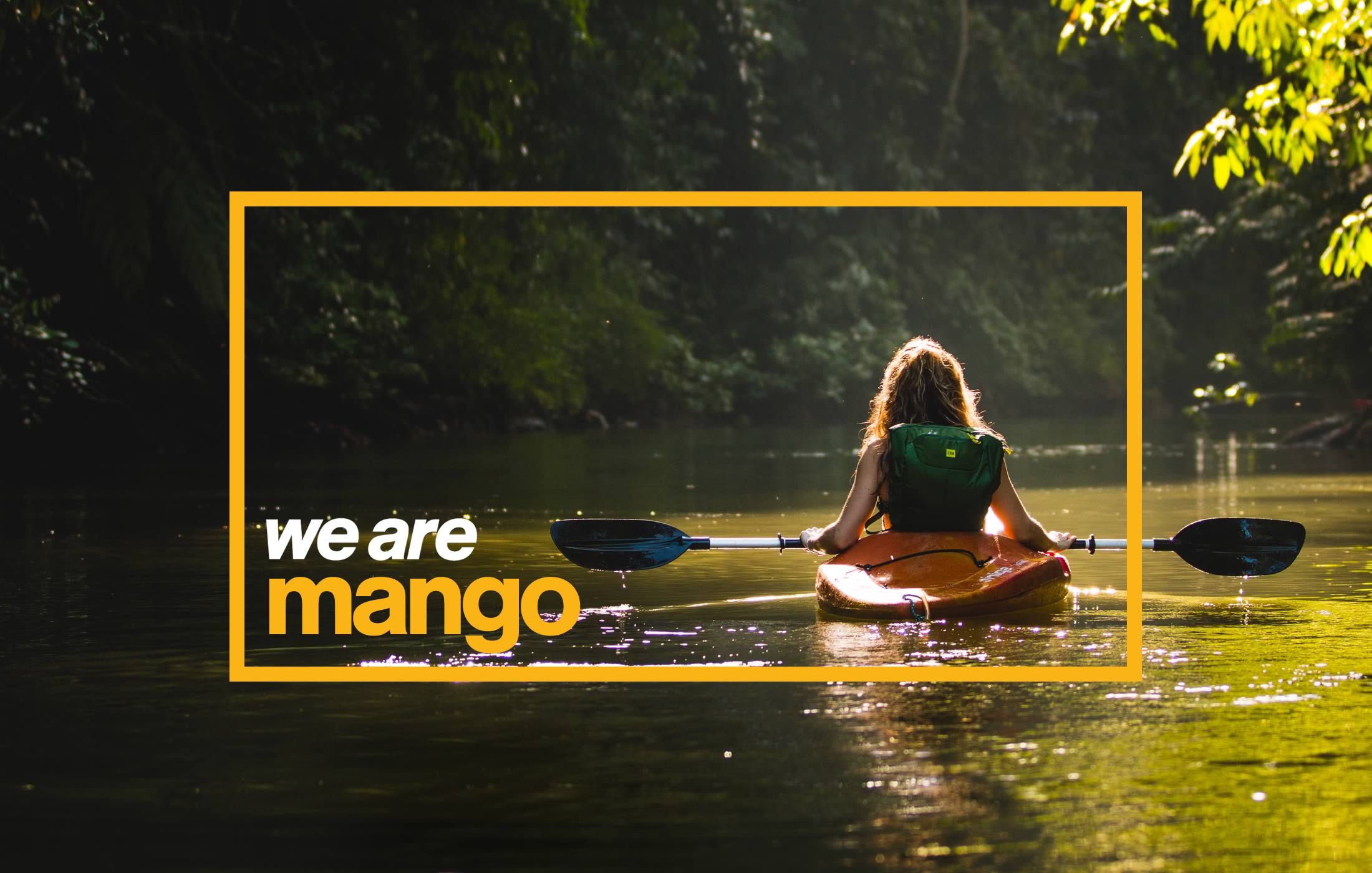Photograph of a young woman kayaking with 'We are Mango' superimposed