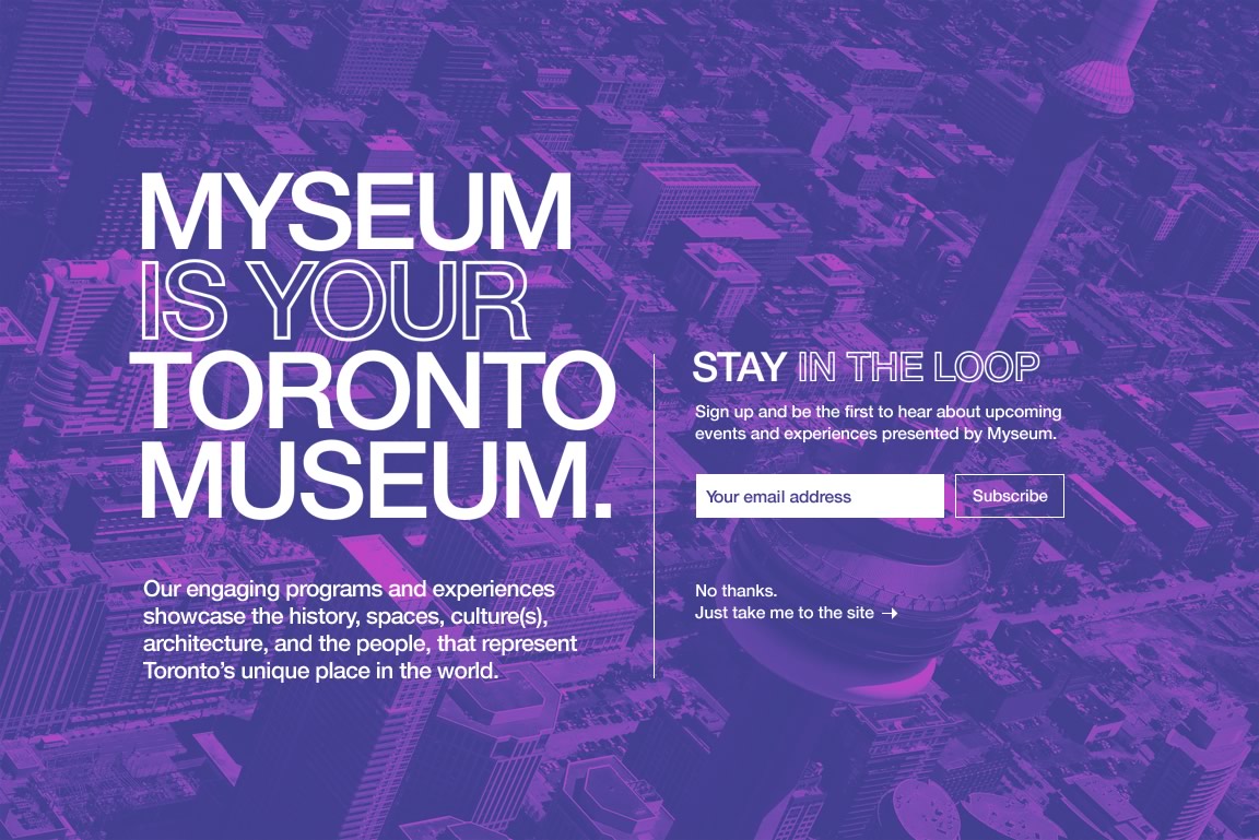 Capture of the 'Stay in the Loop' (newsletter sign-up) modal window from the Myseum website