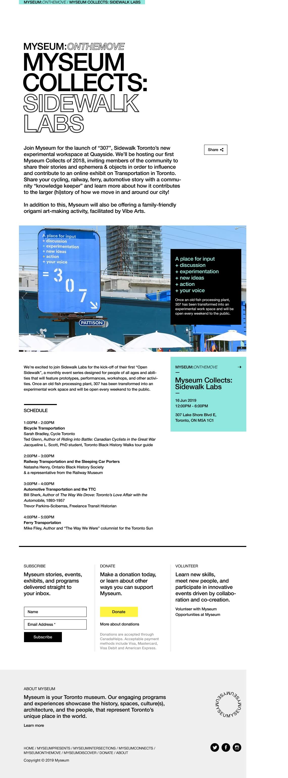 Capture of the full 'MYSEUM COLLECTS: SIDEWALK LABS' event detail page from the Myseum website