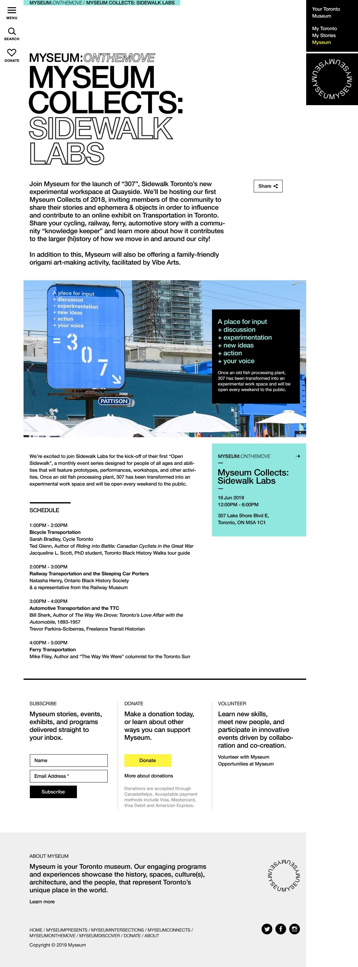 Capture of the full 'MYSEUM COLLECTS: SIDEWALK LABS' event detail page from the Myseum website
