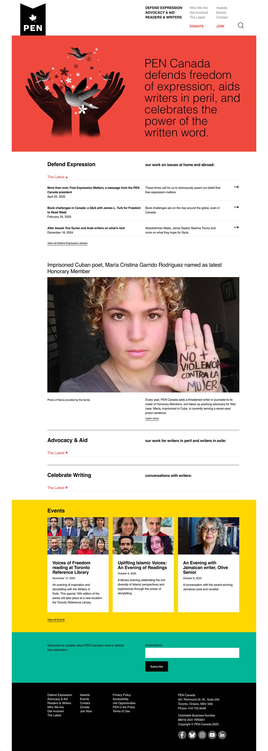 Capture of the full homepage from the PEN Canada website