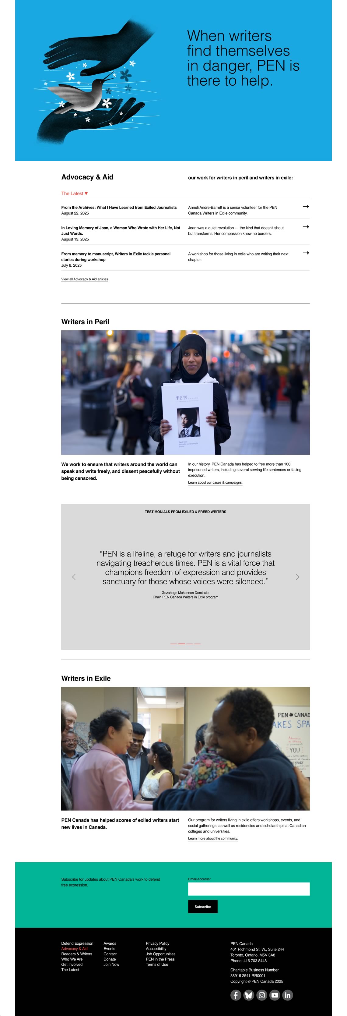 Capture of the full 'Advocacy & Aid' page from the PEN Canada