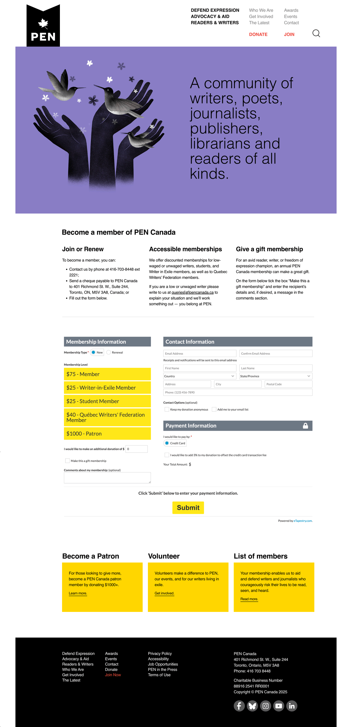Capture of the full 'Membership' page from the PEN Canada
