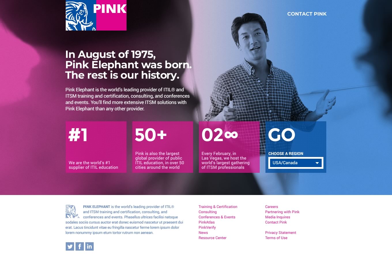 Capture of the interstitial/splash page from the Pink Elephant website (second iteration)
