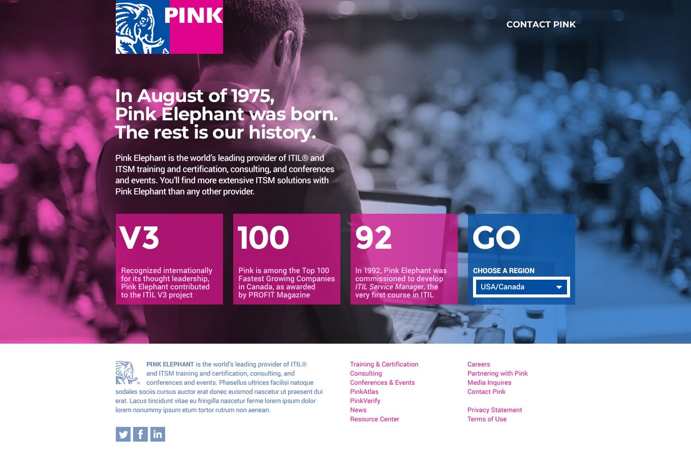 Capture of the interstitial/splash page from the Pink Elephant website (third iteration)