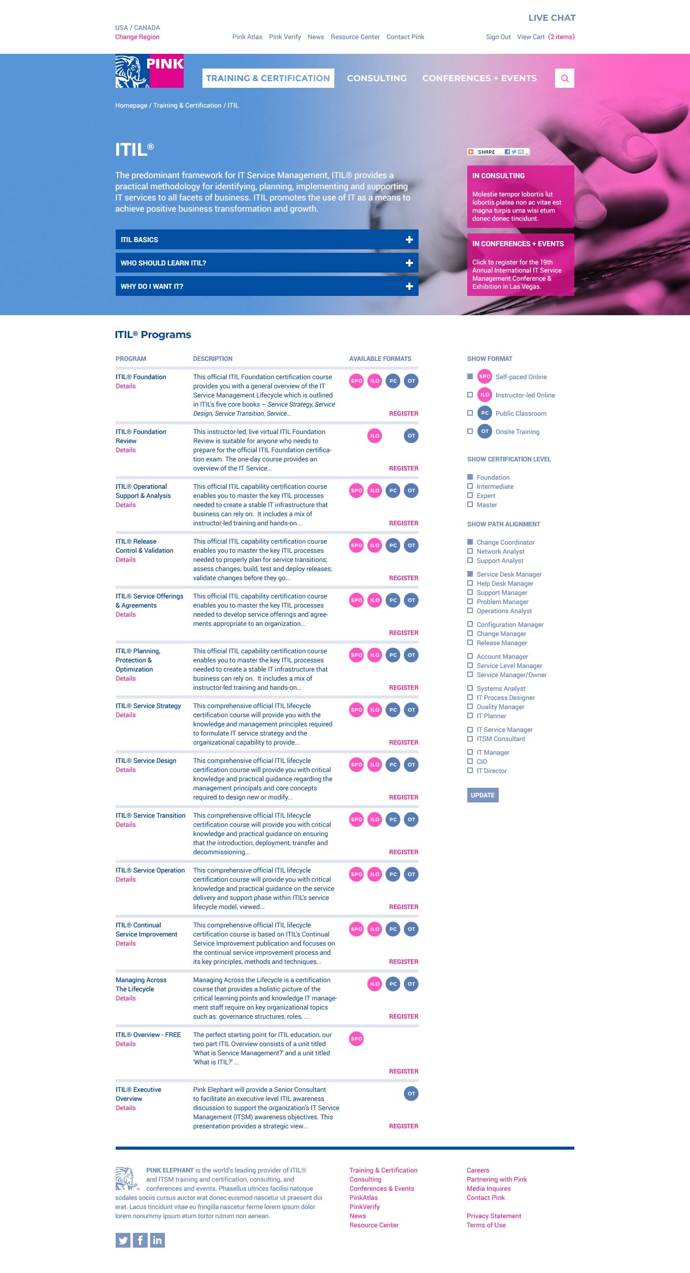 Capture of the full 'ITIL' page from the Pink Elephant website