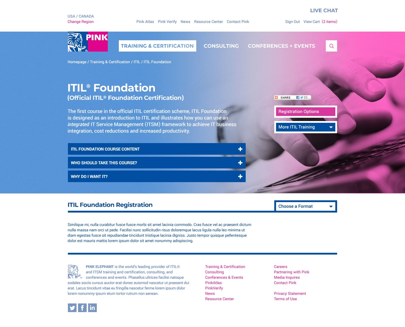 Capture of the full 'ITIL Foundation' page from the Pink Elephant website (Collapsed)