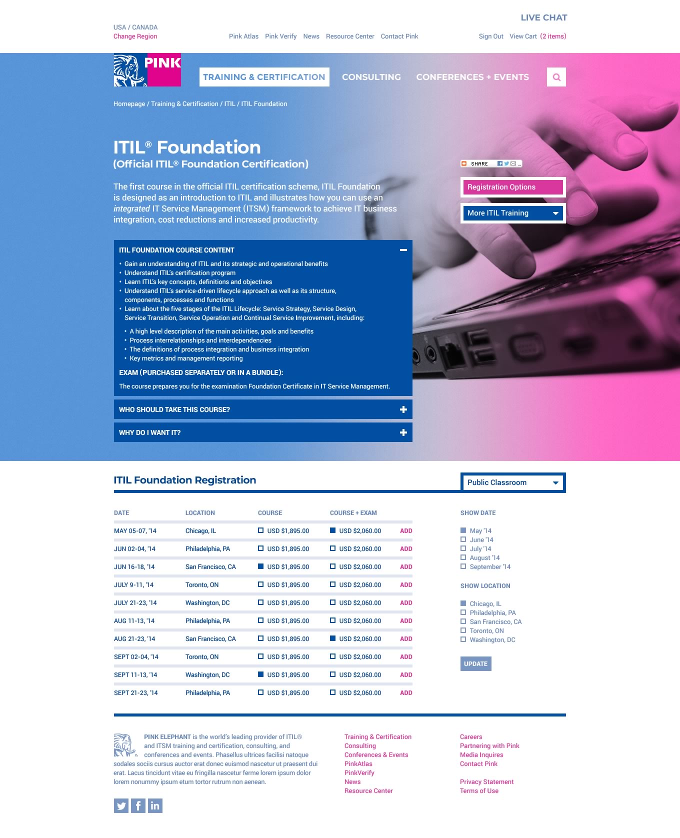 Capture of the full 'ITIL Foundation' page from the Pink Elephant website (Registration details exposed)