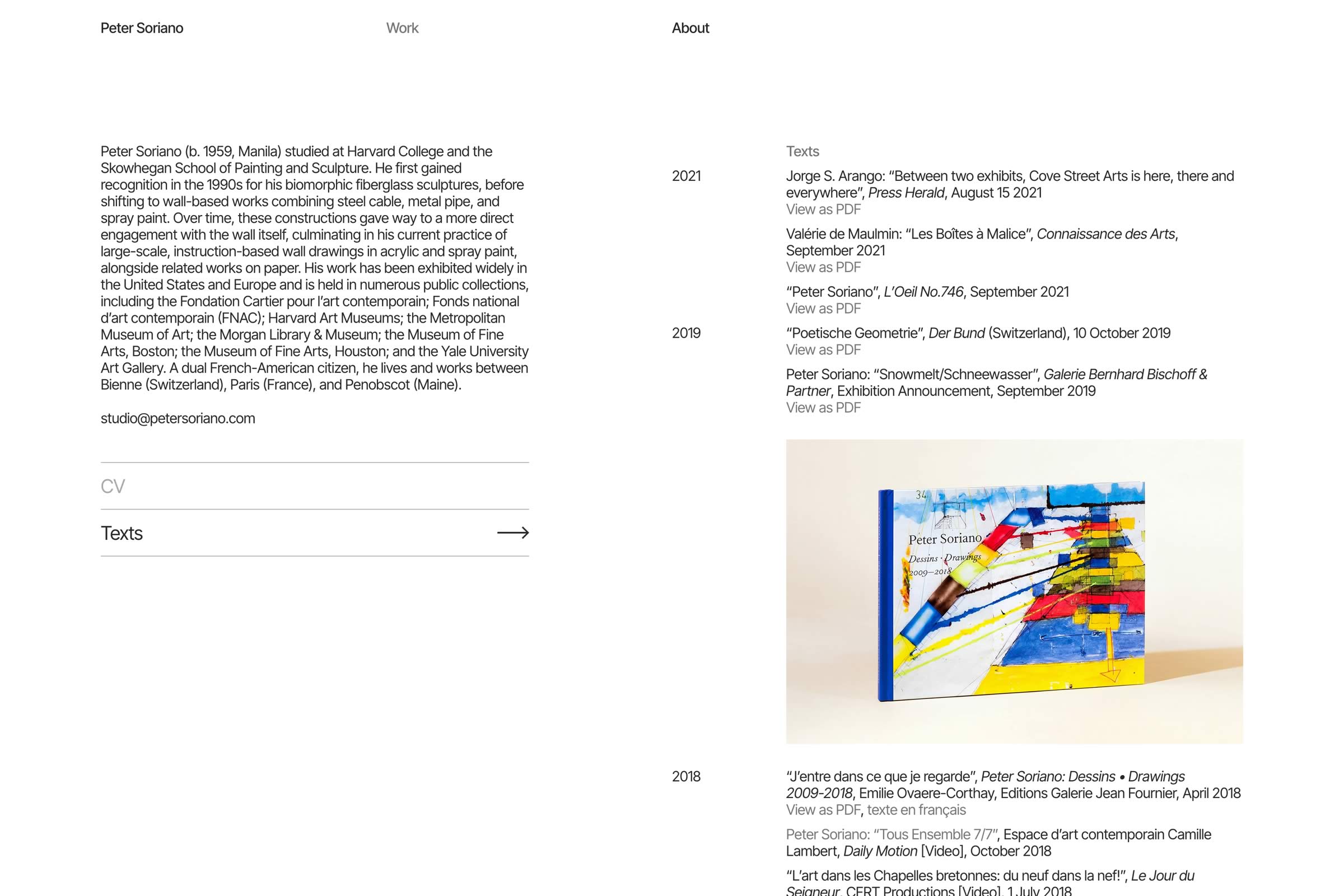 Capture of the full 'Texts' page from the Peter Soriano site