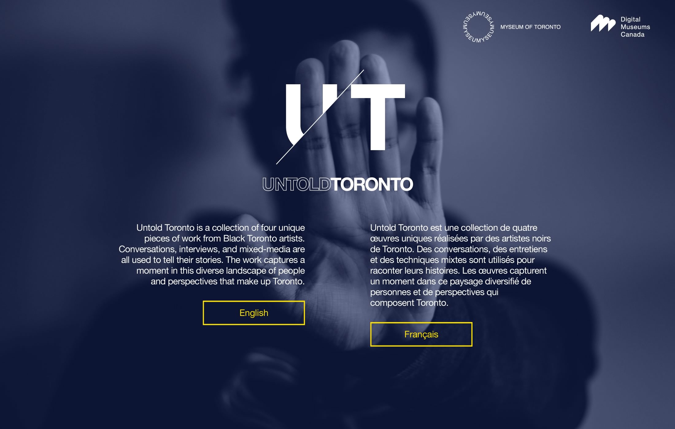 Capture of the interstitial/langaguage selection page from the Untold Toronto microsite