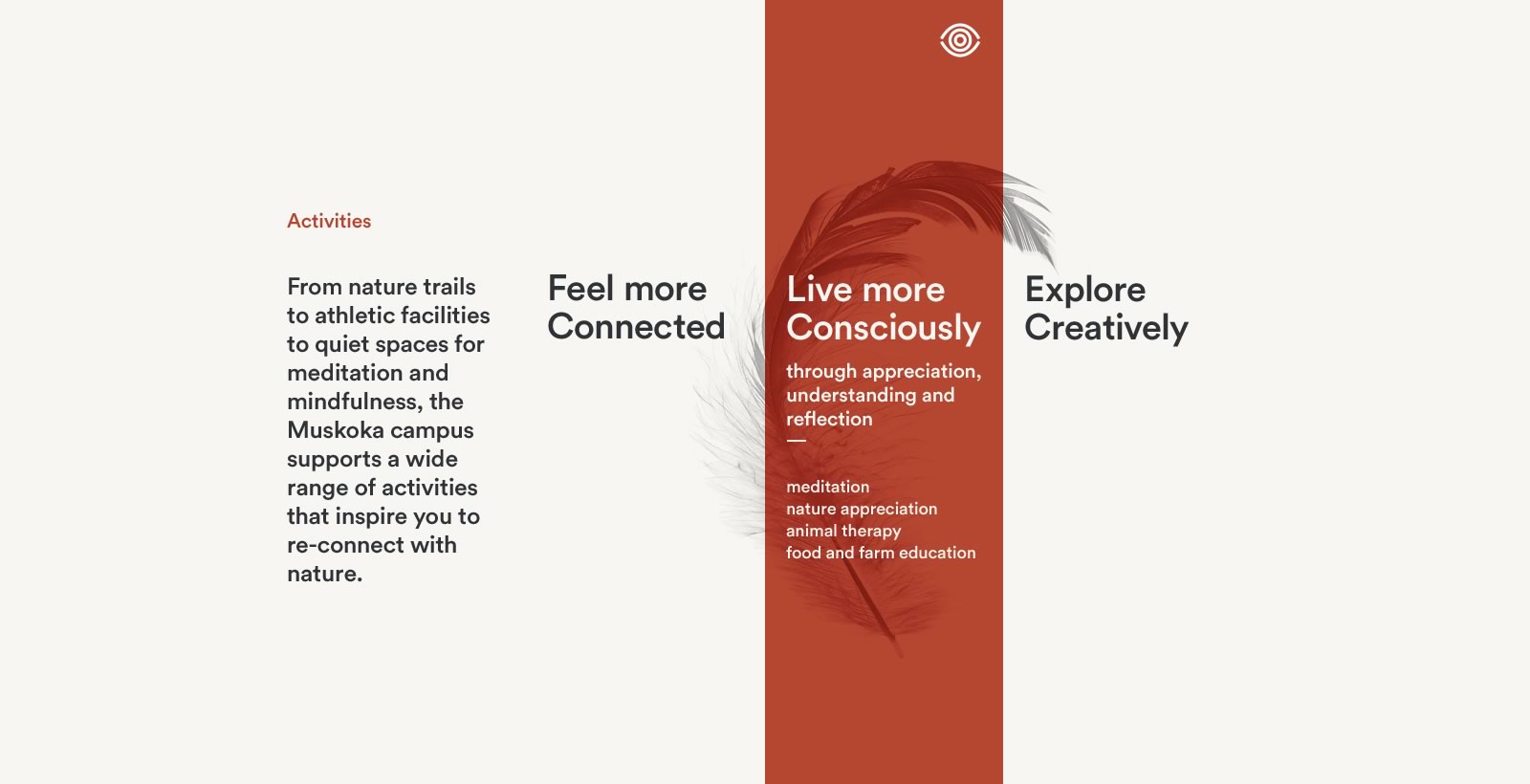 Image of three call-to-action panels titled Creative, Conscious and Connected