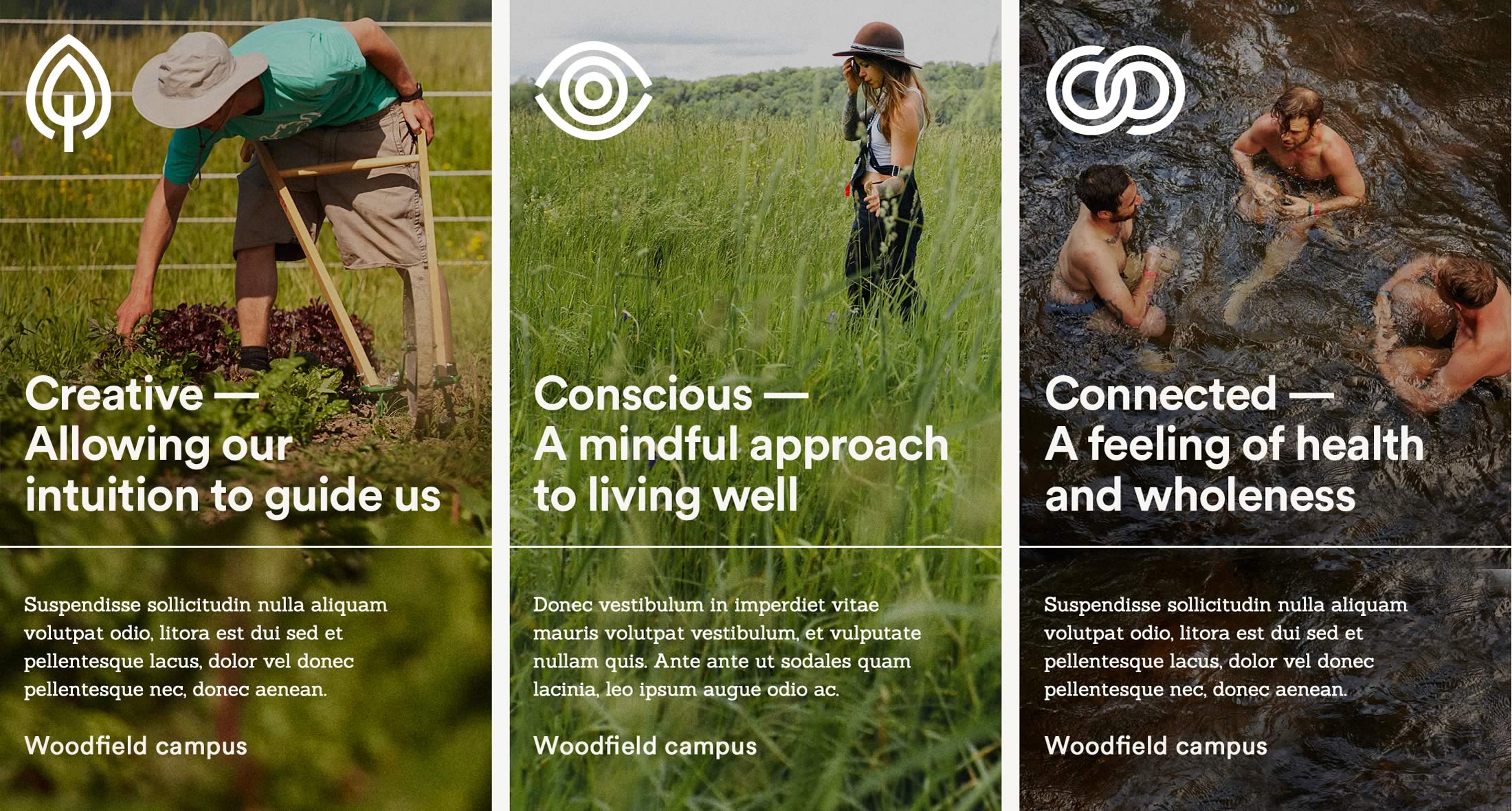 Image of three call-to-action panels titled Creative, Conscious and Connected