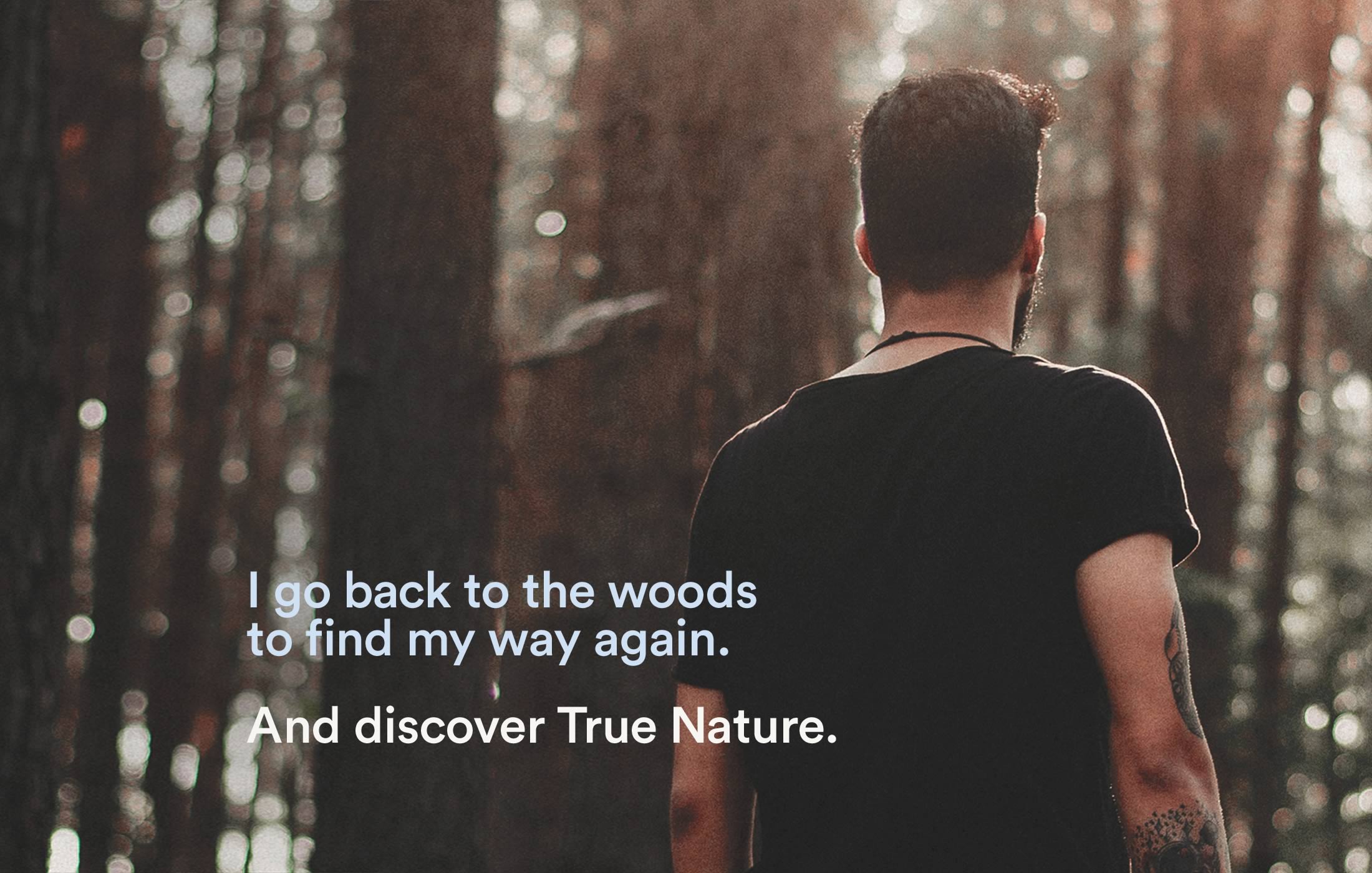 Image of a young adult entering a forest, captioned as 'I go back to the woods to find my way again.'