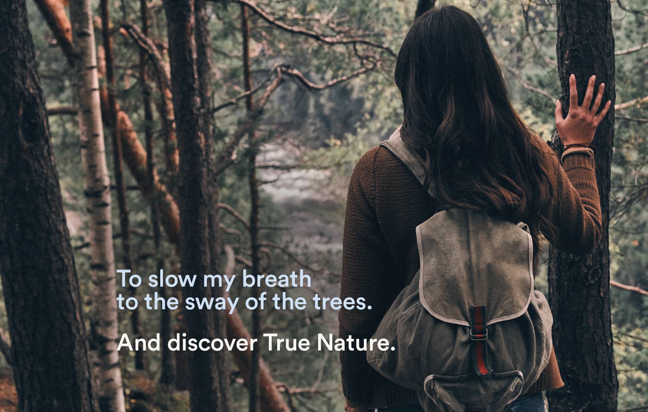 Image of a young adult in a dense forest surveying a river below, captioned as 'To slow my breath to the sway of the trees.'